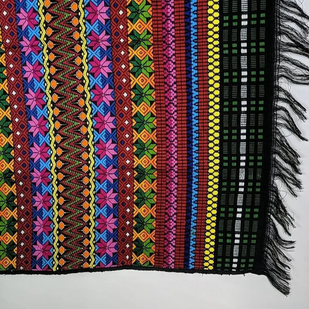 Indigenous Blanket Shawl Multicolor Floral 35 x 48 in Fringe Wall Hanging